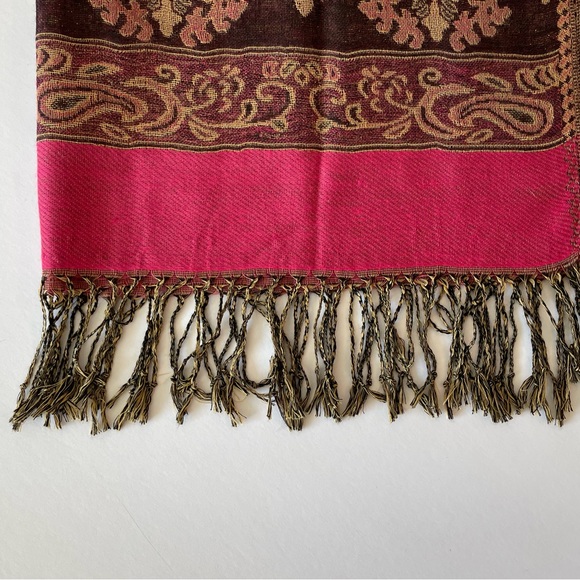 Hot Pink Shawl Pashmina with Tapestry Accents and Tassels - Picture 3 of 13